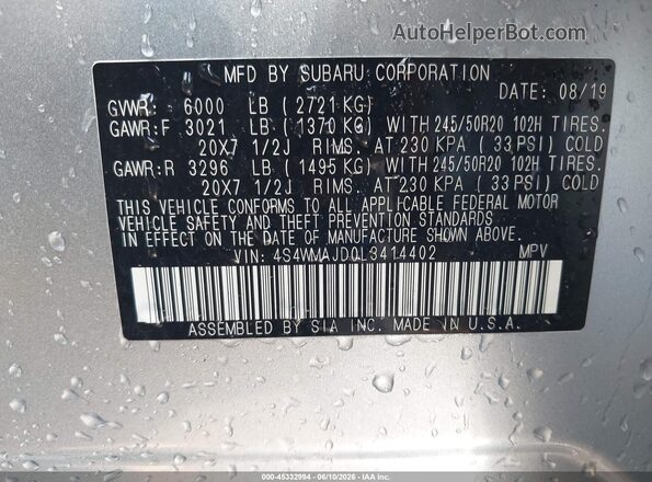 4S4WMAJD0L3414402 2020 SUBARU ASCENT Gray Շարժիչի բաժամունքի տեսք