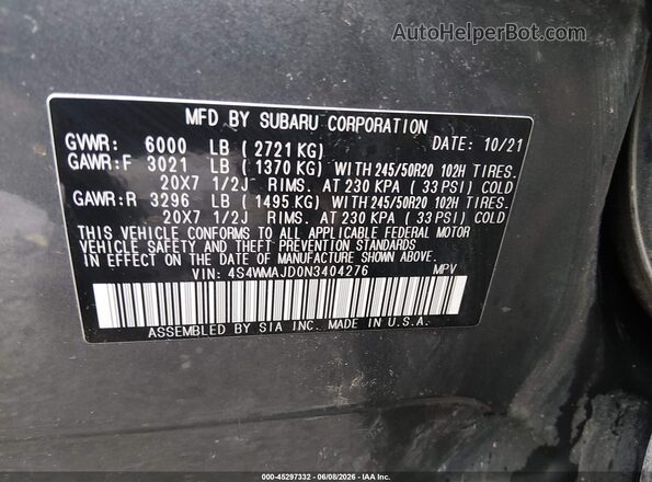 4S4WMAJD0N3404276 2022 SUBARU ASCENT Gray Vista del compartimento del motor