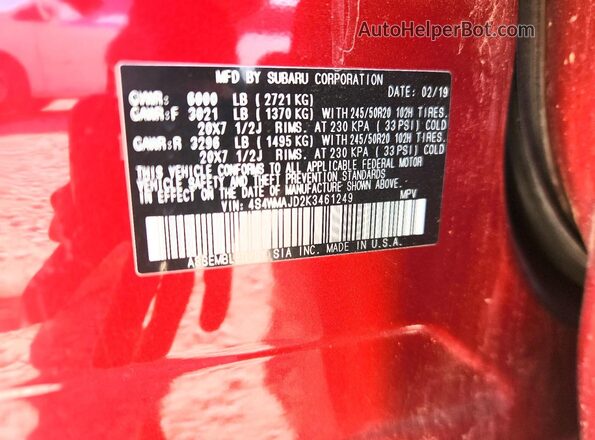 4S4WMAJD2K3461249 2019 SUBARU ASCENT Red ძრავის განყოფილების ხედი