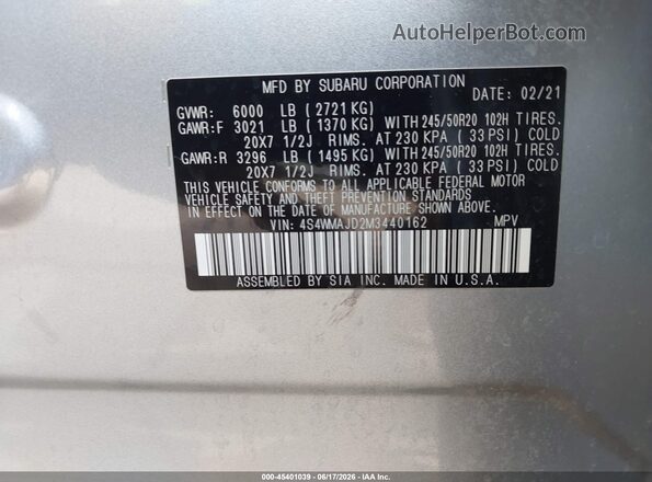 4S4WMAJD2M3440162 2021 SUBARU ASCENT Silver Widok komory silnika