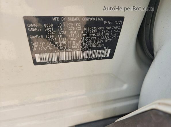 4S4WMAJD2N3406126 2022 SUBARU ASCENT Белый Вид наклейки с VIN-кодом