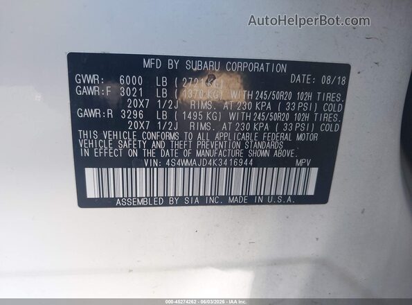 4S4WMAJD4K3416944 2019 SUBARU ASCENT White Вид підкапотного простору