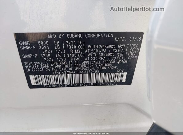 4S4WMAJD6K3450495 2019 SUBARU ASCENT White Engine compartment view