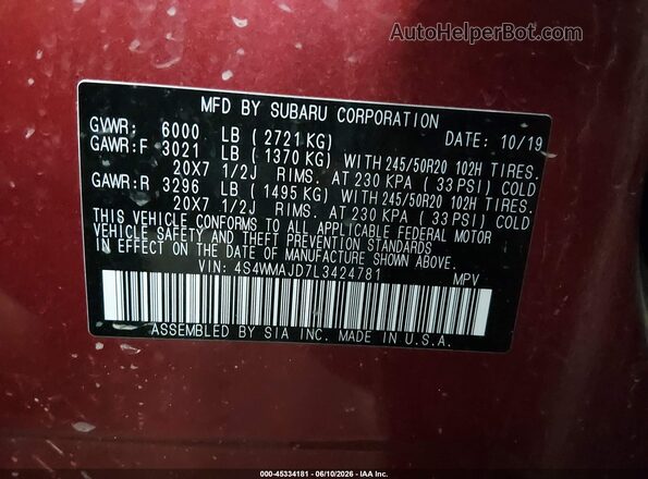 4S4WMAJD7L3424781 2020 SUBARU ASCENT Red Engine compartment view