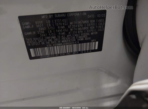 4S4WMAJD8N3426476 2022 SUBARU ASCENT White Вид підкапотного простору