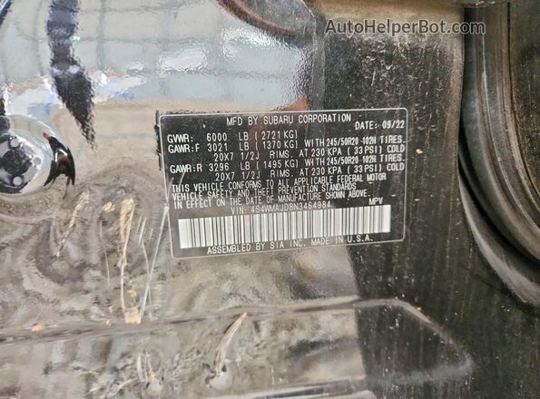 4S4WMAJD8N3464984 2022 SUBARU ASCENT Black Вид наклейки з VIN-кодом