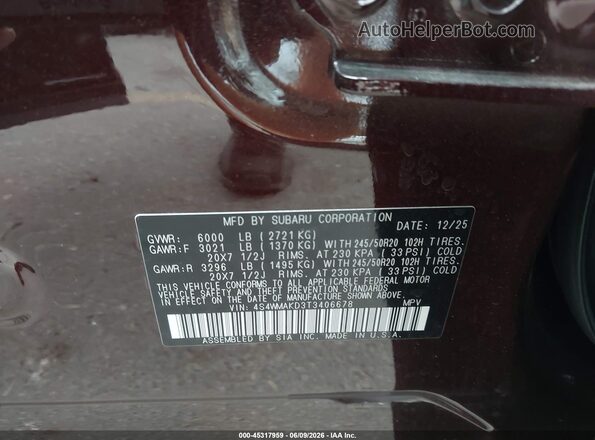 4S4WMAKD3T3406678 2026 SUBARU ASCENT Бордовый Вид подкапотного пространства