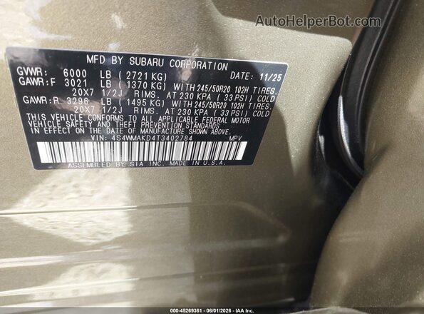 4S4WMAKD4T3402784 2026 SUBARU ASCENT Green Engine compartment view