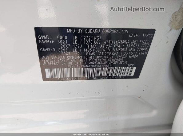 4S4WMAKD6P3412951 2023 SUBARU ASCENT White ძრავის განყოფილების ხედი