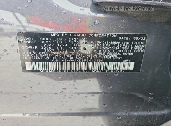 4S4WMAKD8P3443490 2023 SUBARU ASCENT Charcoal VIN կոդի պիտակի տեսք