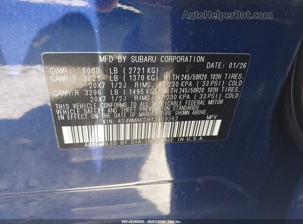 4S4WMAKD9T3409262 2026 SUBARU ASCENT Синий Вид подкапотного пространства