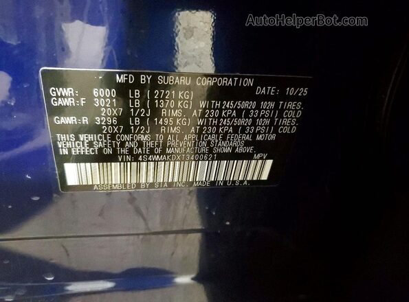 4S4WMAKDXT3400621 2026 SUBARU ASCENT Blue 