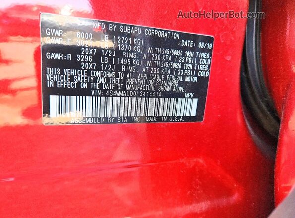 4S4WMALD0L3414414 2020 SUBARU ASCENT Red Widok naklejki z numerem VIN