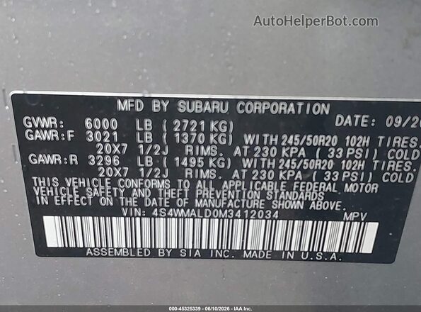 4S4WMALD0M3412034 2021 SUBARU ASCENT Light Blue Vista del compartimento del motor