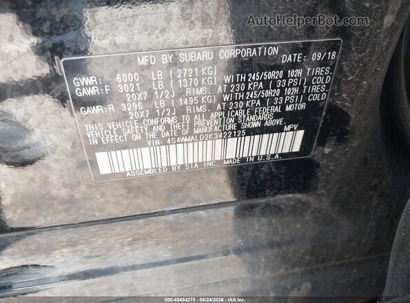 4S4WMALD2K3422125 2019 SUBARU ASCENT Black Widok komory silnika