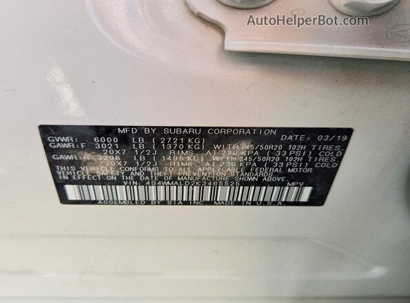4S4WMALD2K3465525 2019 SUBARU ASCENT White VIN sticker view