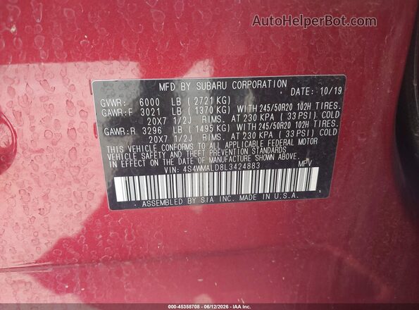 4S4WMALD8L3424883 2020 SUBARU ASCENT Red Vista del compartimento del motor