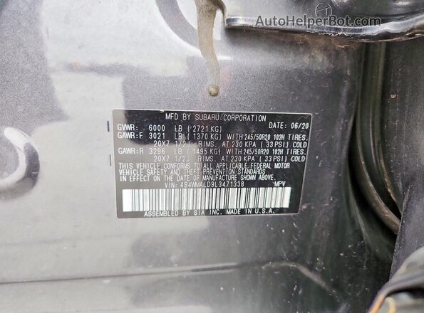 4S4WMALD9L3471338 2020 SUBARU ASCENT Gray Widok komory silnika