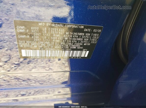 4S4WMALDXT3413643 2026 SUBARU ASCENT Blue Vista del compartimento del motor