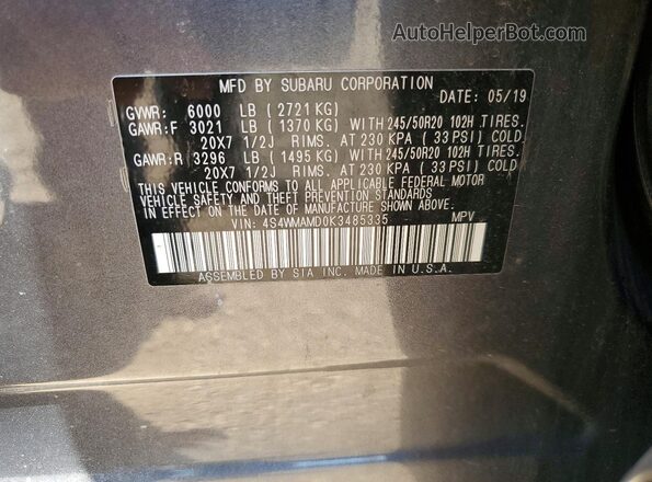 4S4WMAMD0K3485335 2019 SUBARU ASCENT Серый Вид наклейки с VIN-кодом