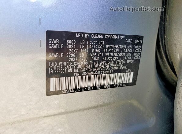 4S4WMAMD0L3409051 2020 SUBARU ASCENT Silver Vista de la etiqueta del VIN