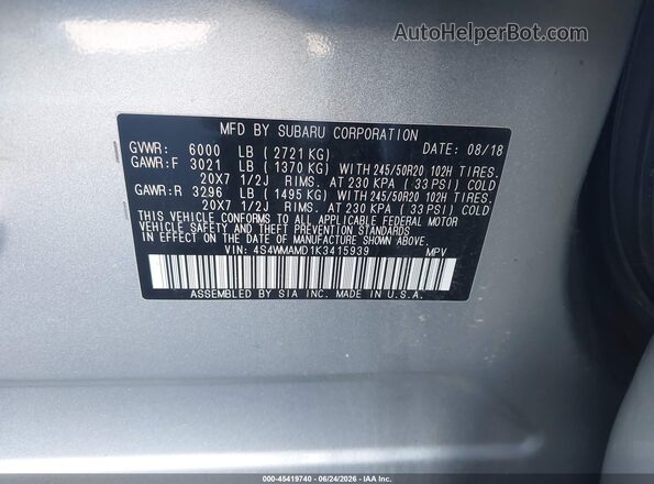 4S4WMAMD1K3415939 2019 SUBARU ASCENT Silver Vista del compartimento del motor