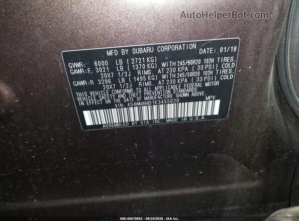 4S4WMAMD1K3455020 2019 SUBARU ASCENT Brown ძრავის განყოფილების ხედი