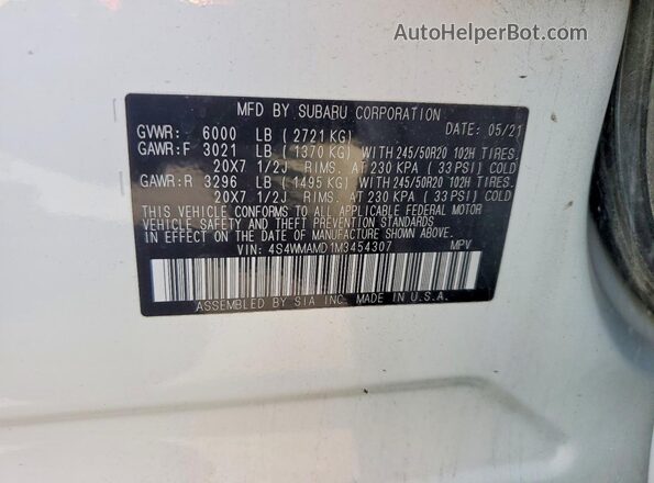 4S4WMAMD1M3454307 2021 SUBARU ASCENT White Widok naklejki z numerem VIN