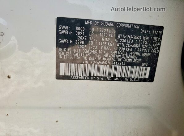 4S4WMAMD7K3442319 2019 SUBARU ASCENT White Widok naklejki z numerem VIN