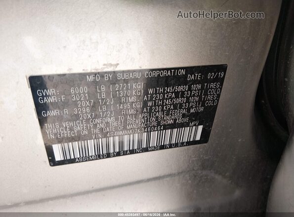 4S4WMAMD7K3460464 2019 SUBARU ASCENT Gold Widok komory silnika