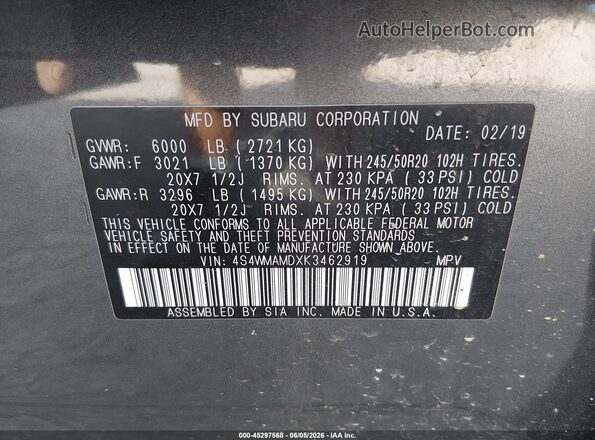 4S4WMAMDXK3462919 2019 SUBARU ASCENT Серый Вид подкапотного пространства