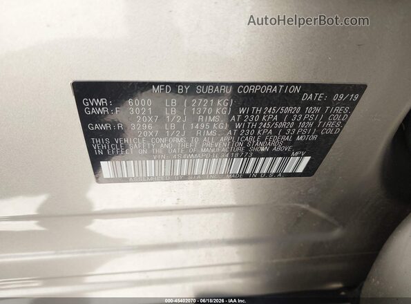 4S4WMAPD1L3418773 2020 SUBARU ASCENT Silver Widok komory silnika