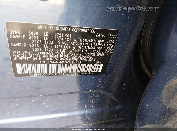 4S4WMAPD1M3464542 2021 SUBARU ASCENT Blue Vista del compartimento del motor