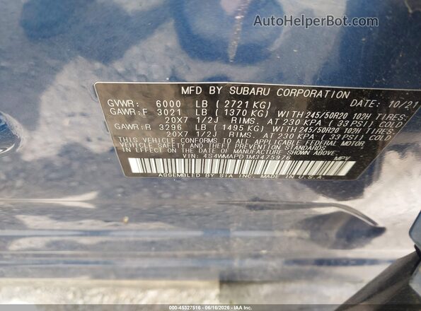 4S4WMAPD1M3475976 2021 SUBARU ASCENT Blue Widok komory silnika