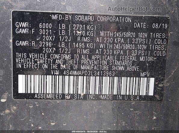 4S4WMAPD3L3413963 2020 SUBARU ASCENT Gray Engine compartment view