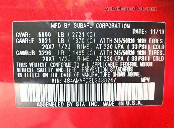4S4WMAPD3L3438247 2020 SUBARU ASCENT Темно-бордовый Панорамный вид салона 360°