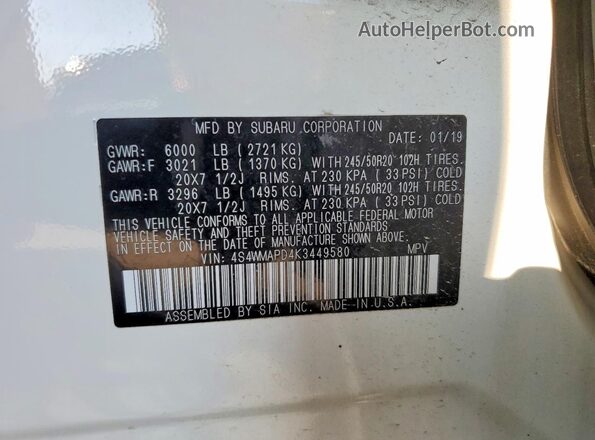 4S4WMAPD4K3449580 2019 SUBARU ASCENT White სალონის 360-გრადუსიანი ხედი