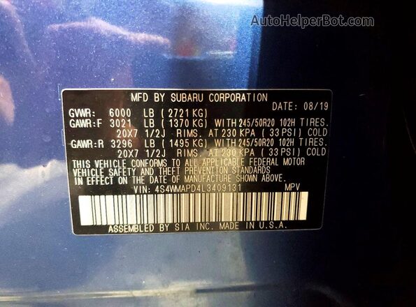 4S4WMAPD4L3409131 2020 SUBARU ASCENT Blue 