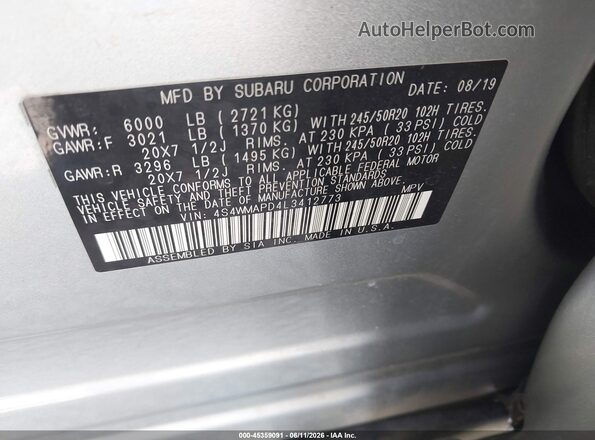 4S4WMAPD4L3412773 2020 SUBARU ASCENT Silver Vista del compartimento del motor