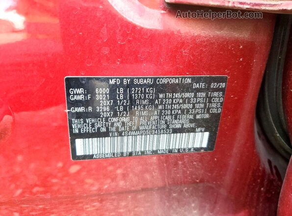 4S4WMAPD5L3458533 2020 SUBARU ASCENT Red 