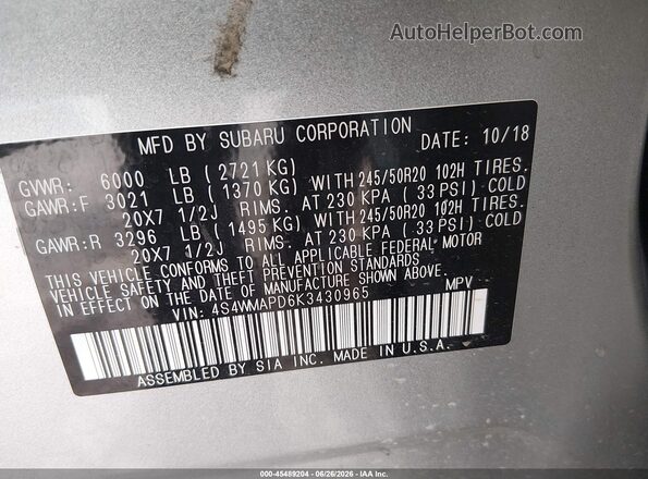 4S4WMAPD6K3430965 2019 SUBARU ASCENT Silver Вид підкапотного простору