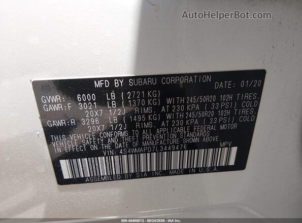 4S4WMAPD7L3449476 2020 SUBARU ASCENT White Engine compartment view