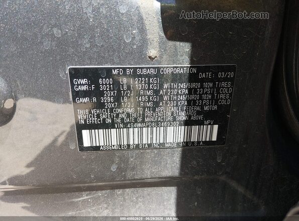 4S4WMAPD8L3469302 2020 SUBARU ASCENT Black Vista del compartimento del motor