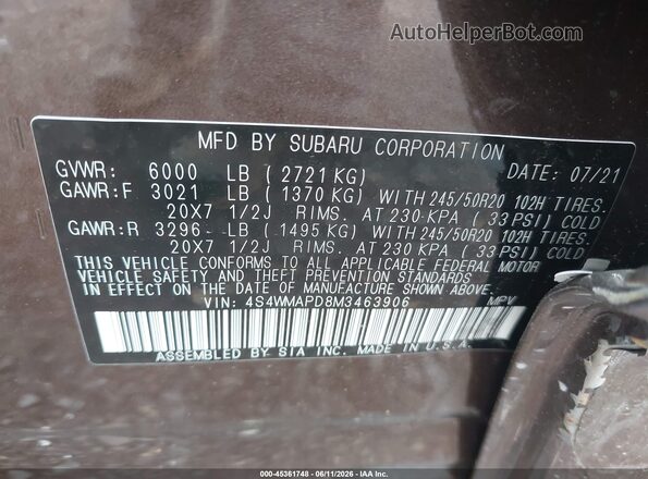 4S4WMAPD8M3463906 2021 SUBARU ASCENT Brown Widok komory silnika