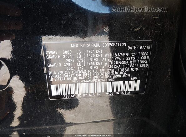 4S4WMAPD9K3411083 2019 SUBARU ASCENT Black Vista del compartimento del motor
