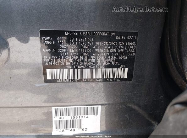 4S4WMAPDXK3459482 2019 SUBARU ASCENT Серый Вид подкапотного пространства