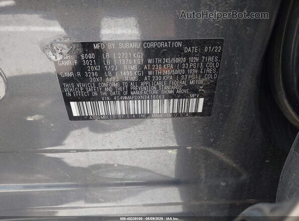 4S4WMAPDXN3418063 2022 SUBARU ASCENT Gray Widok komory silnika