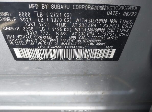 4S4WMAPDXN3446820 2022 SUBARU ASCENT Silver Вид підкапотного простору