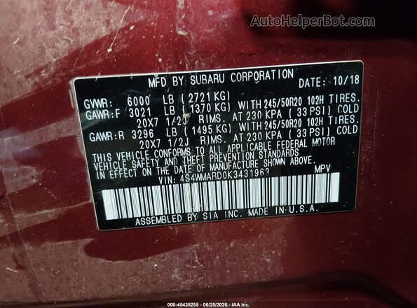 4S4WMARD0K3431963 2019 SUBARU ASCENT Burgundy Vista del compartimento del motor