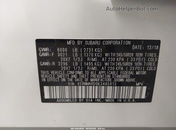 4S4WMARD0K3445913 2019 SUBARU ASCENT White Vista del compartimento del motor